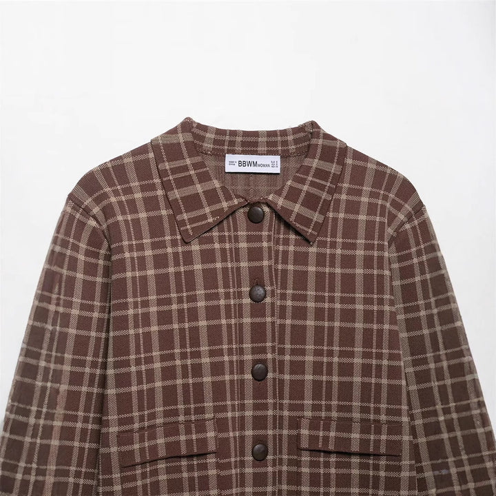 Damen Karierte Kurzjacke mit großen aufgesetzten Taschen und eleganten Knopfdetails Drune