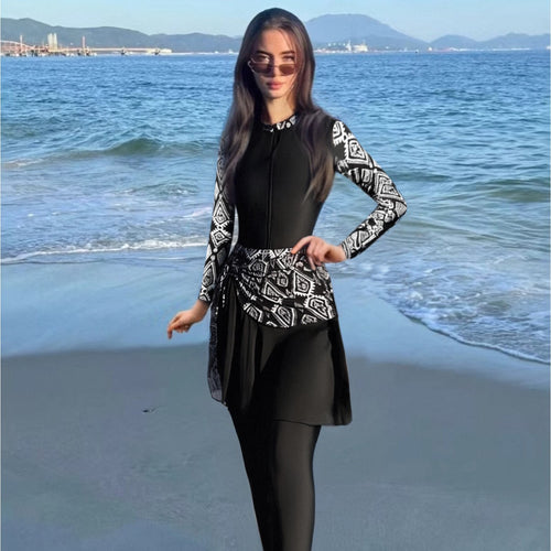 Damen Modischer Schwimmanzug mit Zip und asymmetrischem Rock Drune