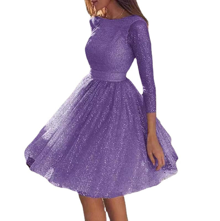 Damen festliches Taillenkleid mit Glitzer und langen Ärmeln Drune