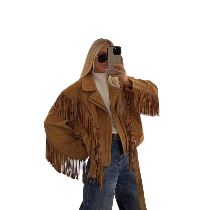 Damen Wildlederjacke mit fransigen Details und taillierbarem Gürtel Drune