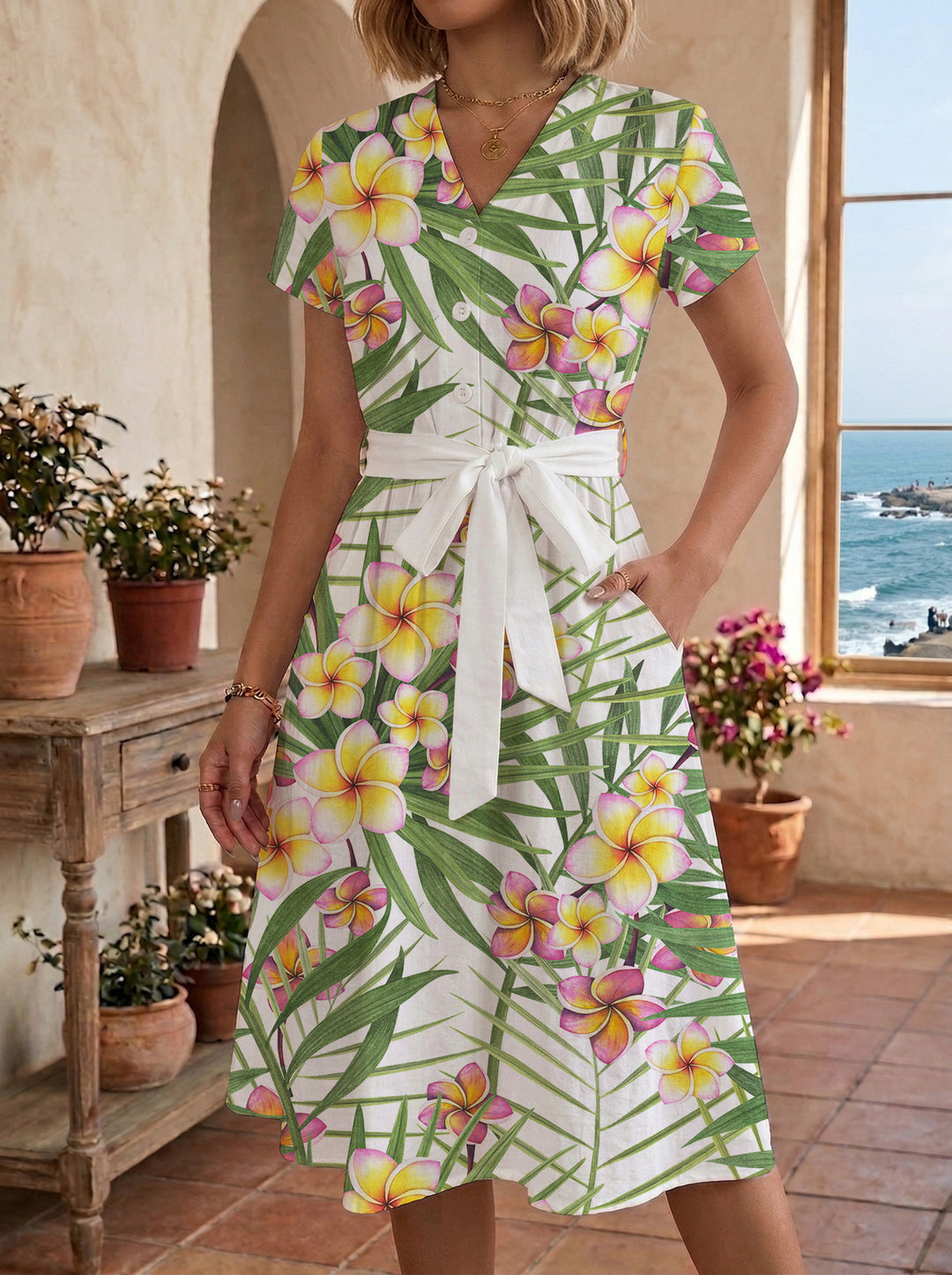 Damen Midikleid mit farbenfrohem Blumendesign und taillierbarem Bindegürtel Drune
