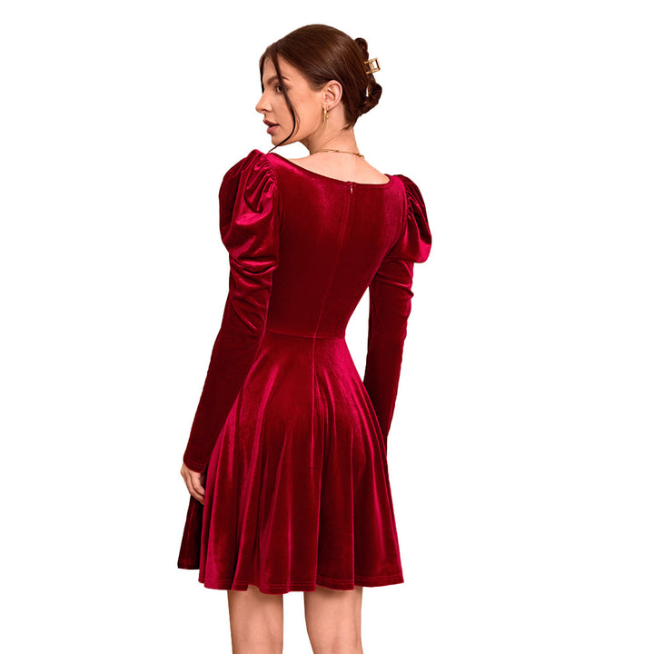 Damen Elegantes Samt Minikleid mit puffärmeligen Details und schickem V-Ausschnitt Drune