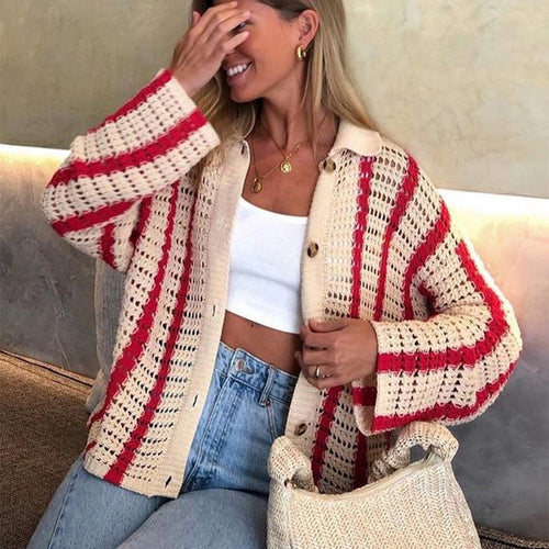 Damen Strickjacke mit offener Maschenstruktur und modischem Streifenmuster Drune