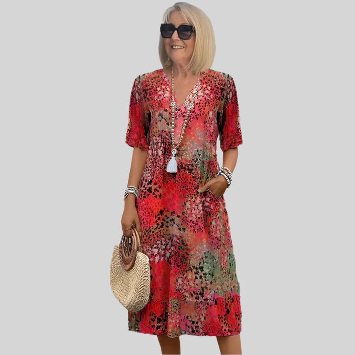 Damen Blumenmuster Midi Kleid mit Taschen Drune