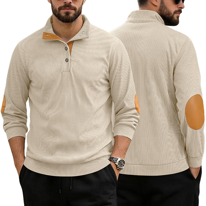 Herren nan lässiger Strukturpullover mit Polokragen, kurzer Knopfleiste und veganen Lederbesätzen Drune