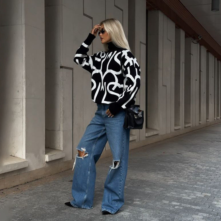 Damen Oversized Strickpullover mit modernem Grafikdesign Drune