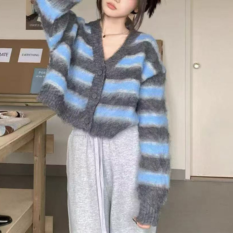 Damen lässiger Crop-Cardigan mit strukturiertem Streifenmuster und Knopfdetails Drune