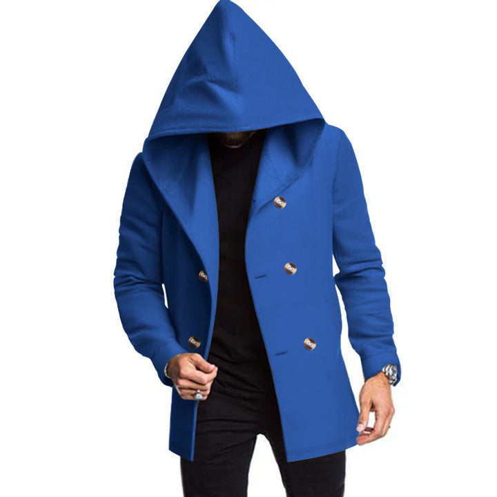 Herren modischer Mantel mit Kapuze und doppelter Knopfreihe Drune