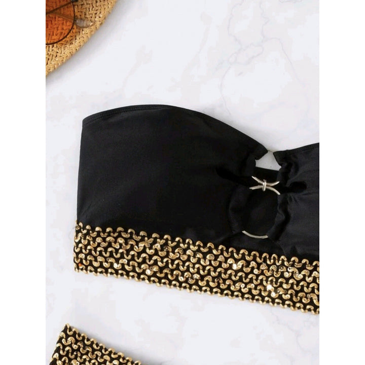 Damen Bandeau-Bikini mit goldenen Akzenten und hohem Taillenschnitt Drune