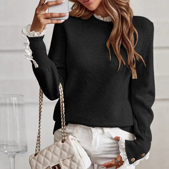 Damen feiner Pullover mit dekorativen Spitzenärmeln und eleganten Knopfdetails Drune