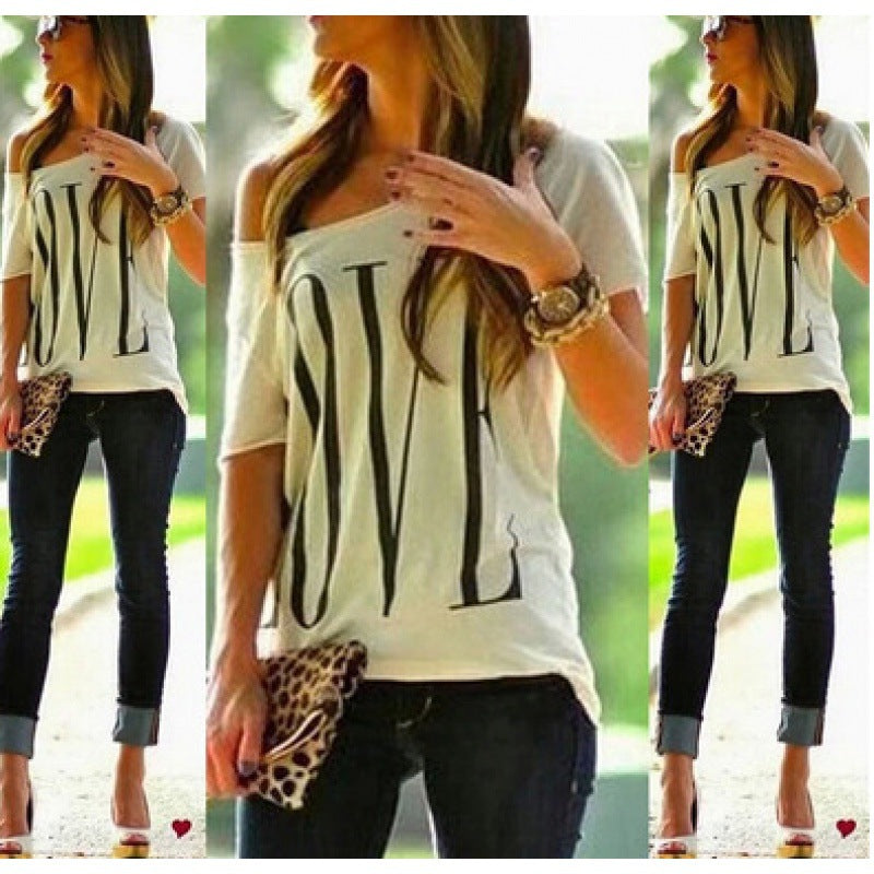 Damen Off-Shoulder T-Shirt mit großem Schriftzug Drune