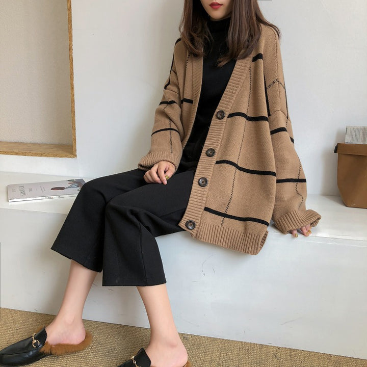 Damen Grobstrickjacke mit modischem Karo-Muster und praktischen Taschen Drune