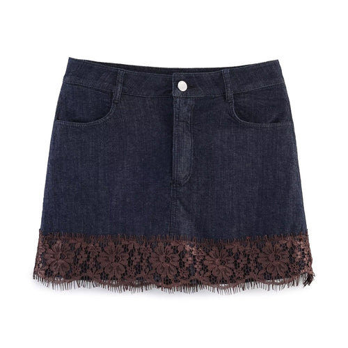 Damen Jeansrock mit exquisiter Spitze und fransigem Saum Drune