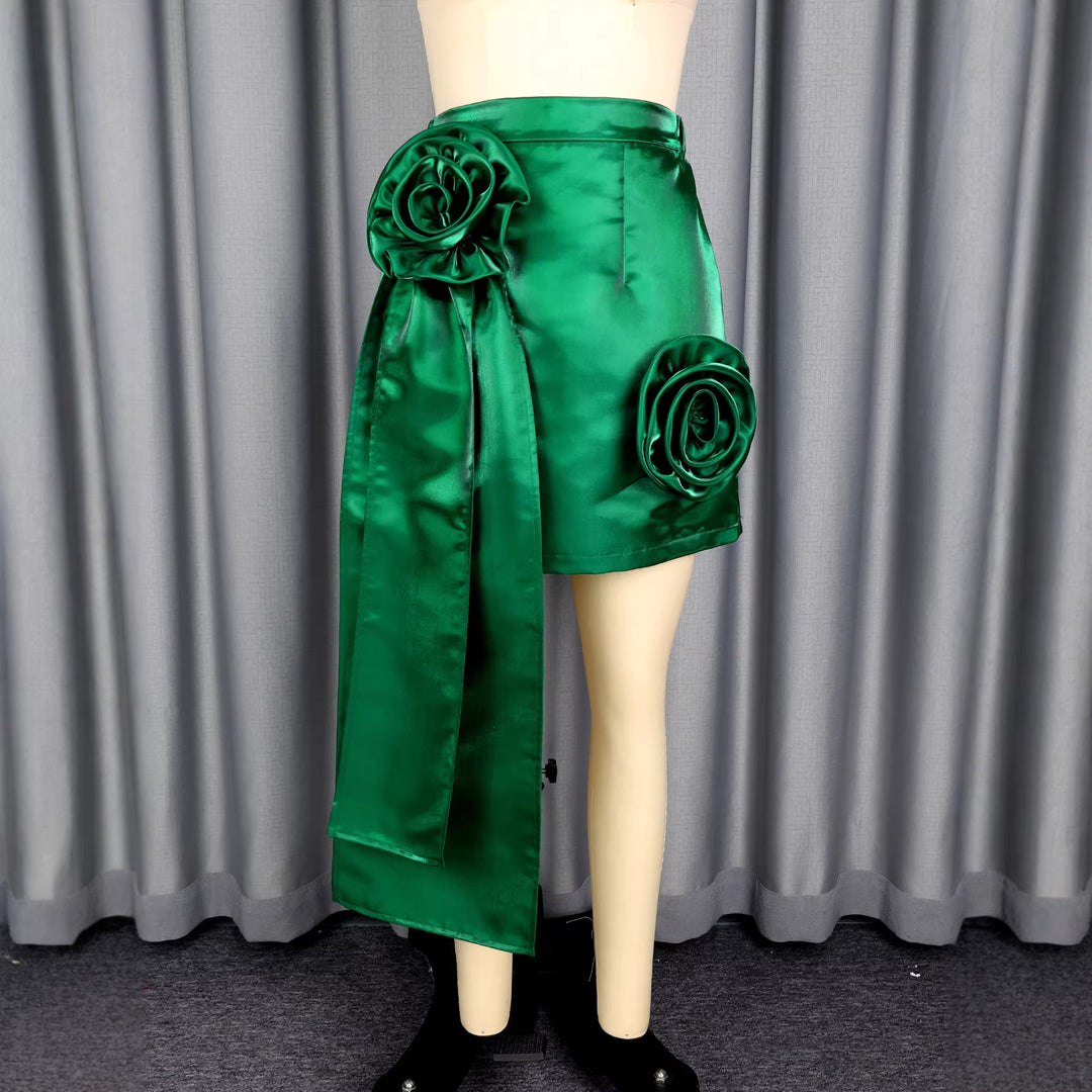 Damen Satinrock mit floralem Rüschen-Design und taillierter Schleife Drune