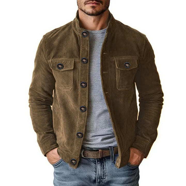 Herren nan klassische Velourslederjacke mit Stehkragen, Knopfleiste und aufgesetzten Brusttaschen Drune
