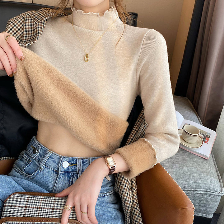 Damen cropped Pullover mit hohem Kragen und Rüschendetails Drune
