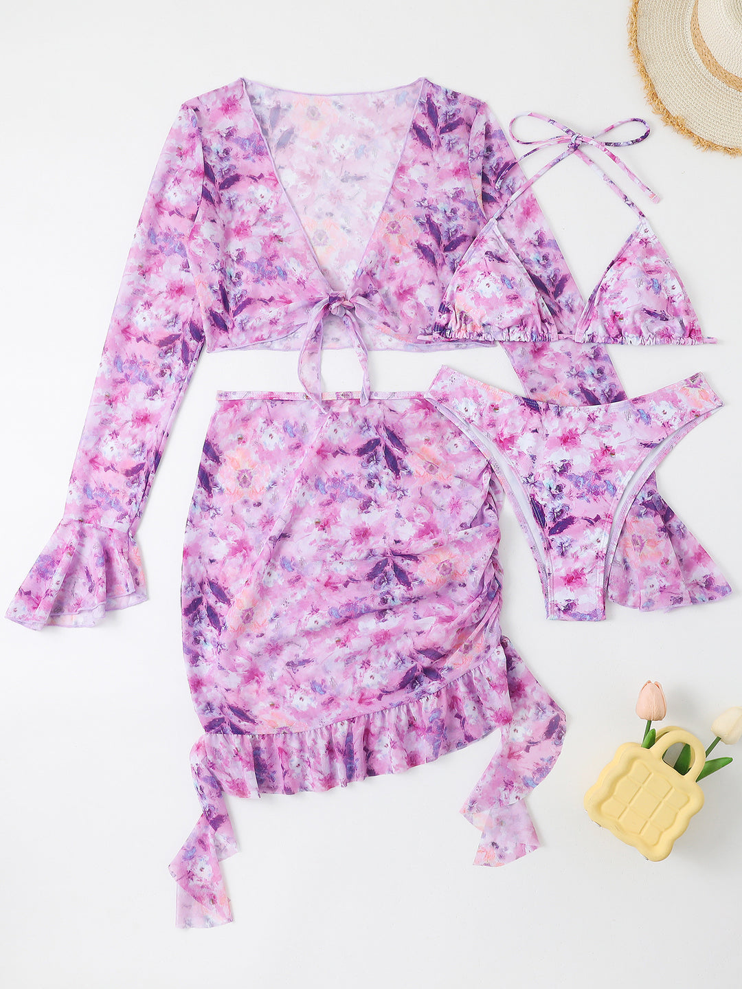 Damen Badeset mit floralem Design, kurzem Oberteil und Wickelrock Drune
