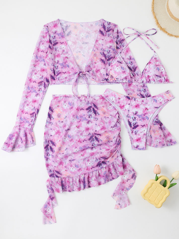 Damen Badeset mit floralem Design, kurzem Oberteil und Wickelrock Drune