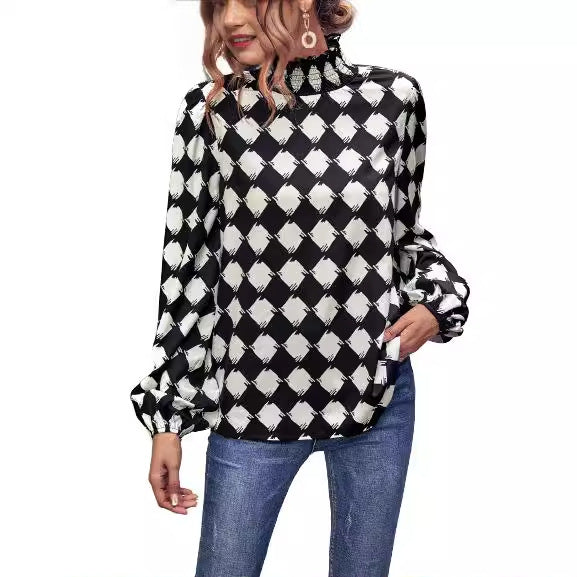 Damen elegante Bluse mit hochgeschlossenem Kragen und grafischem Muster Drune