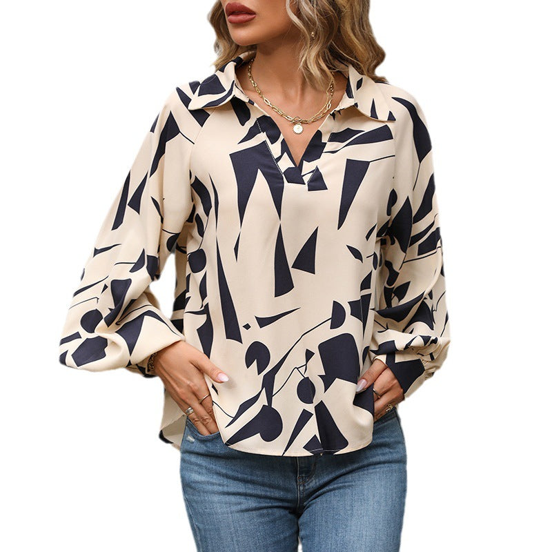 Damen lässige Bluse mit modernem grafischem Druck und voluminösen Ärmeln Drune