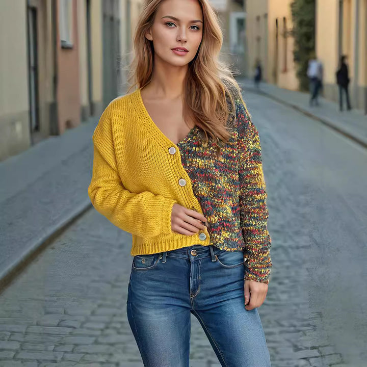 Damen lässige Strickjacke mit farbenfrohen Akzenten und Knopfdetails Drune