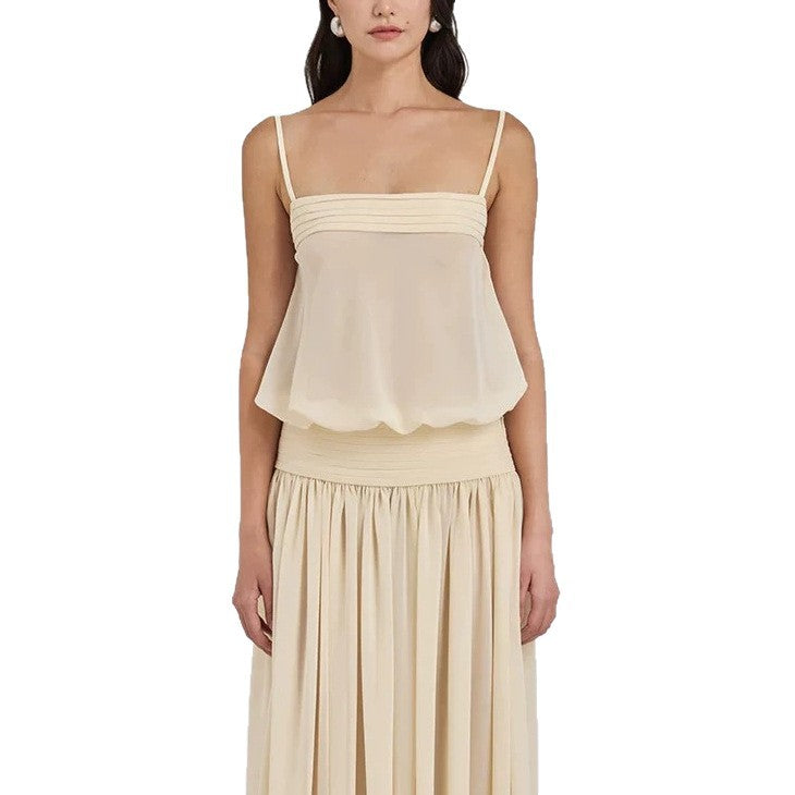 Damen Maxi-Kleid mit fließendem Chiffon-Oberteil und elastischem Bund Drune