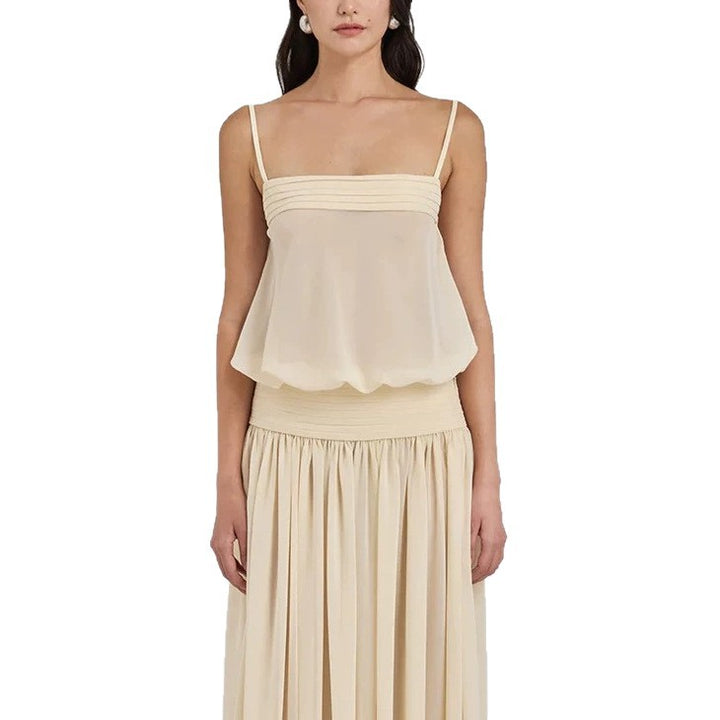 Damen Maxi-Kleid mit fließendem Chiffon-Oberteil und elastischem Bund Drune