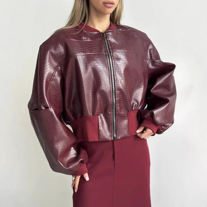 Damen trendige cropped Kunstlederjacke mit voluminösen Ärmeln Drune