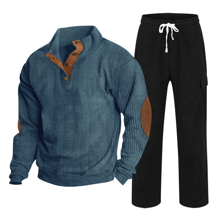 Herren nan strukturiertes Feinstrick-Halbknopf-Pullover und Feincord-Cargo-Zweiteiler Drune