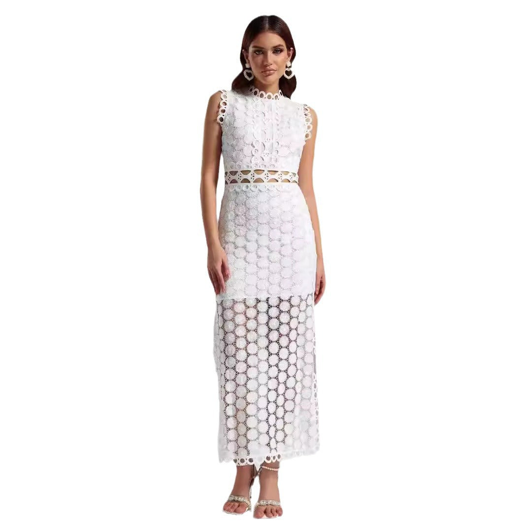 Damen Elegantes Spitzen-Maxikleid mit transparenten Einsätzen und dekorativen Rüschendetails Drune