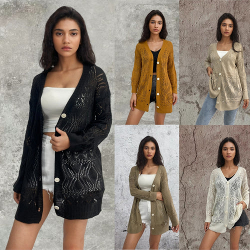 Damen Strickjacke mit luftiger Lochmusterung und schönen Knöpfen Drune