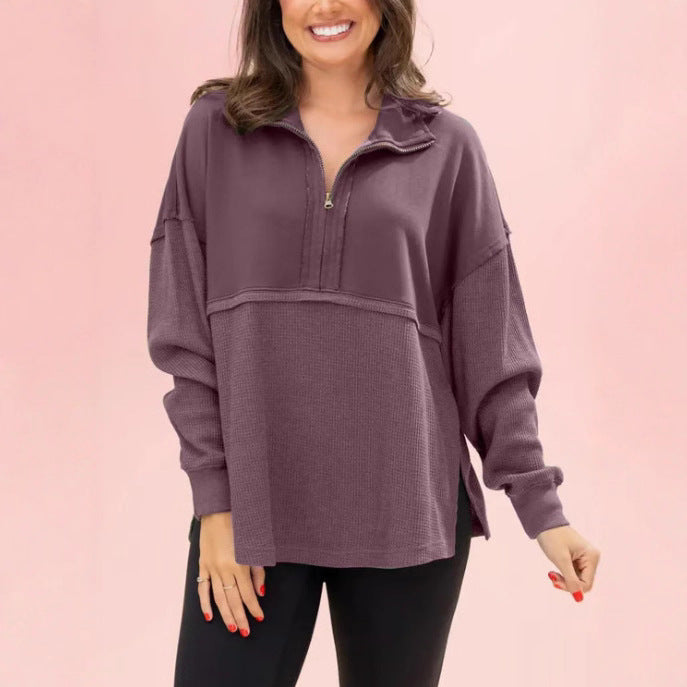 Damen lässiger Pullover mit halbem Reißverschluss und voluminösen Ärmeln Drune