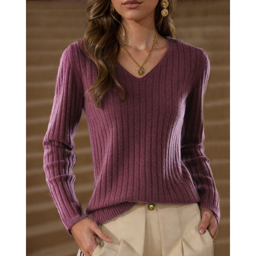 Damen Strickpullover mit V-Ausschnitt und feinem Rippenstrickdesign Drune