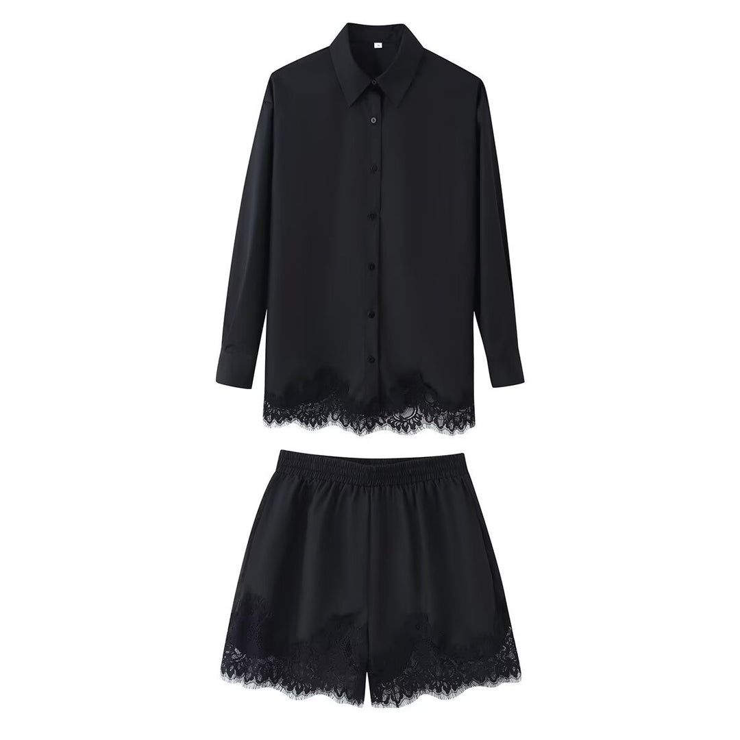 Damen nan zweiteiliges Satin-Pyjama-Set mit Hemdbluse, Gummibund-Shorts und Spitzenbesatz Drune