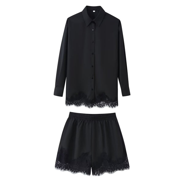 Damen nan zweiteiliges Satin-Pyjama-Set mit Hemdbluse, Gummibund-Shorts und Spitzenbesatz Drune