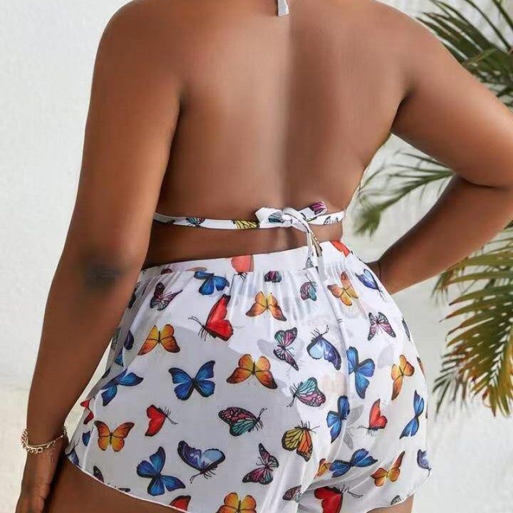Damen Bikiniset mit modischen Shorts und buntem Schmetterlingsdesign Drune