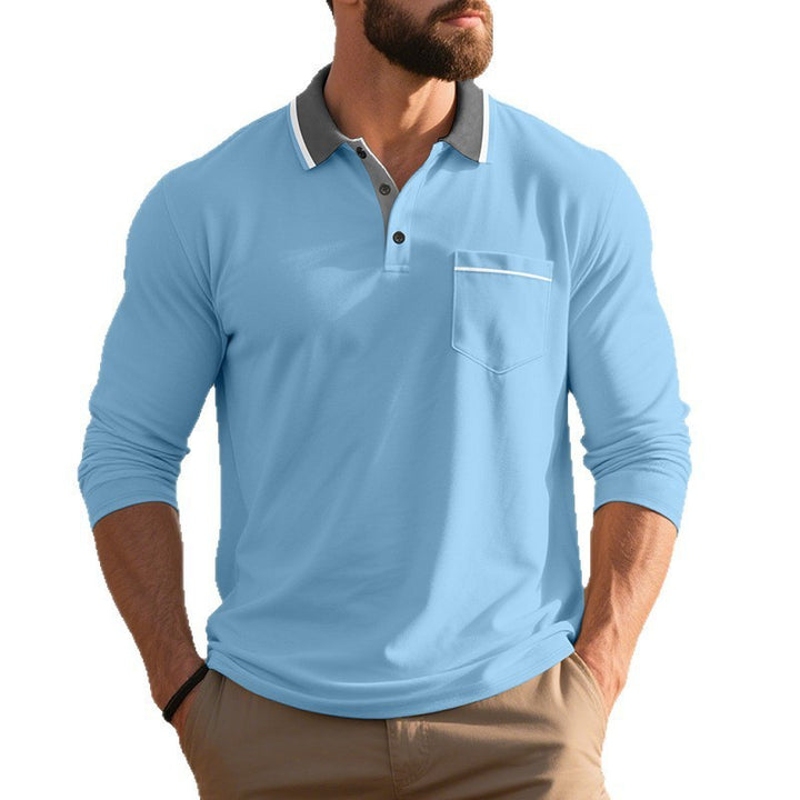 Herren nan langärmeliges Polohemd mit Kontrastkragen, Brusttasche und feinem Baumwollstretch Drune