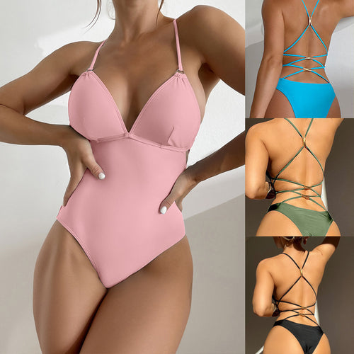 Damen Einteiler Badeanzug mit verstellbaren Trägern und elegantem V-Ausschnitt Drune