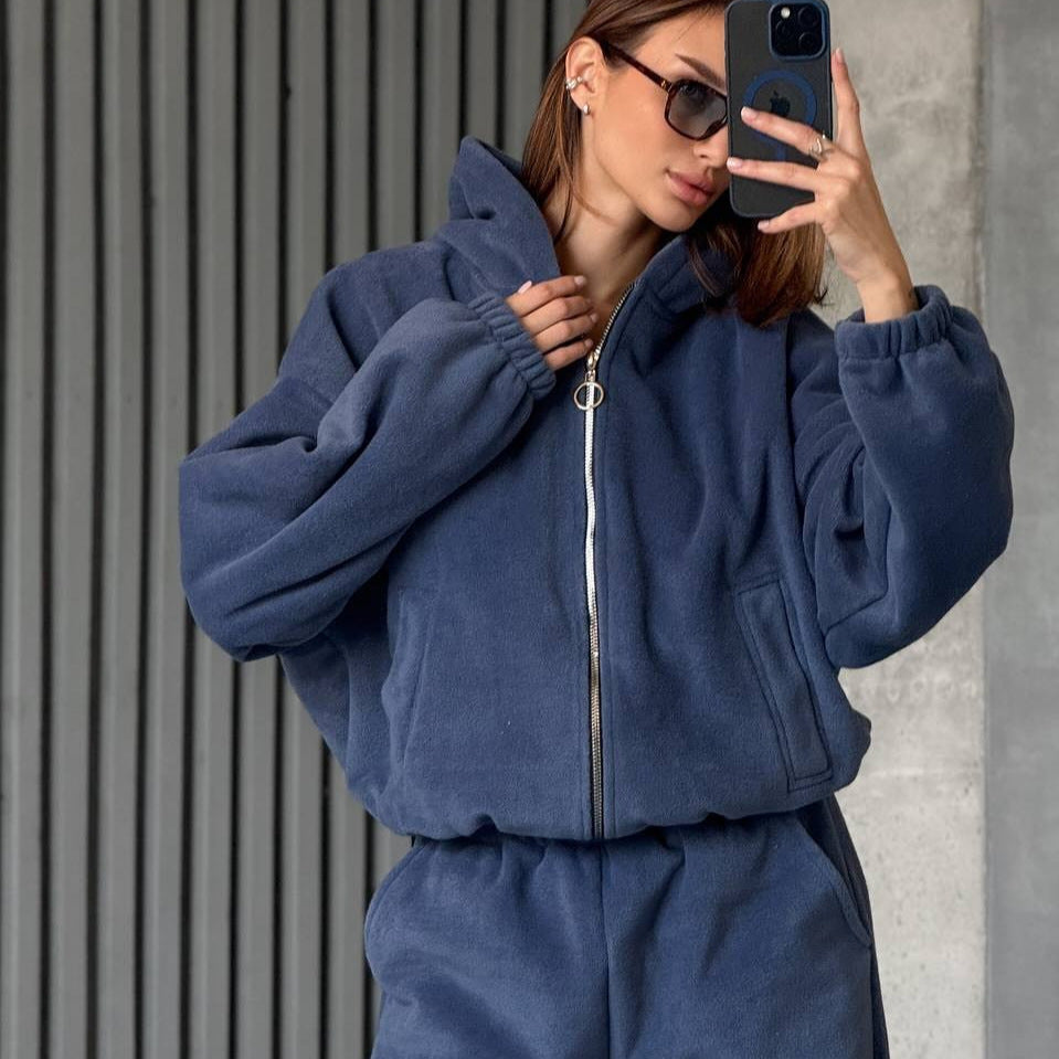 Damen Bequemer Velours-Jogginganzug mit Kapuze und Reißverschluss Drune