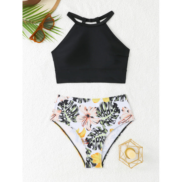 Badeanzug Oberteil mit Hochkragen und floraler Hochschnitt-Hose Drune