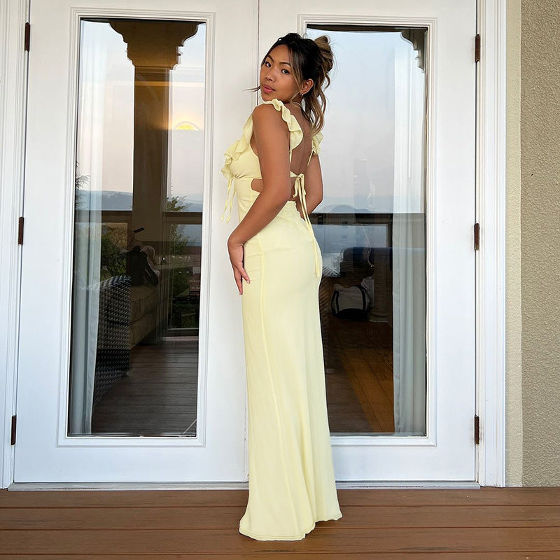 Damen figurbetontes Maxikleid mit Rüschendetails und V-Ausschnitt Drune