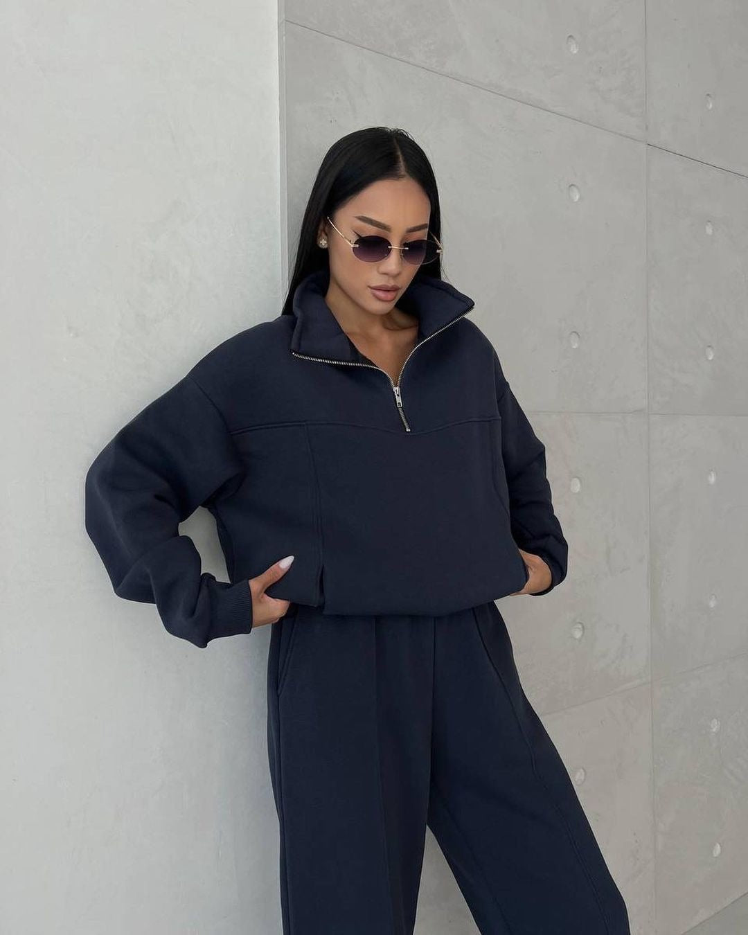 Damen lässiger Sweatshirt- und Jogginghose-Set mit hohem Kragen Drune