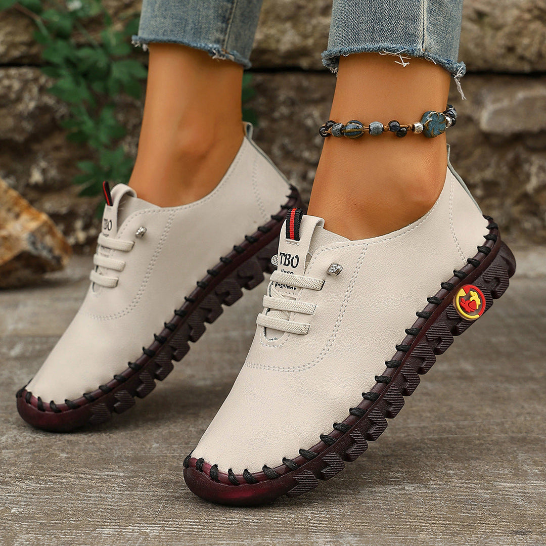 Damen Freizeit-Leder-Sneaker mit elastischen Schnürsenkeln und rutschfester Sohle Drune