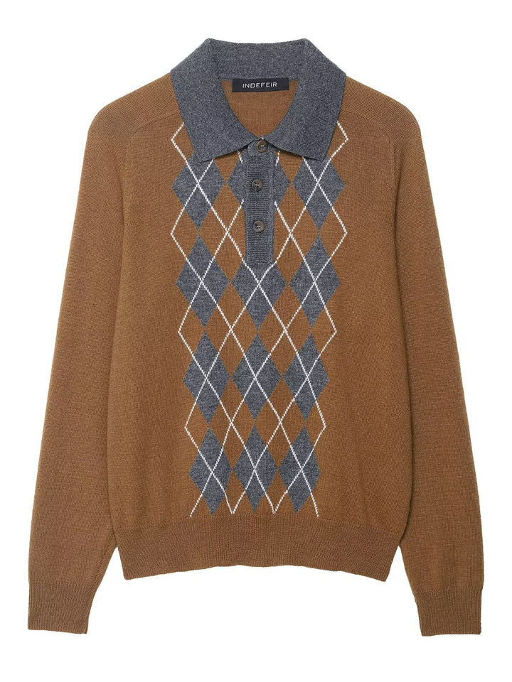 Damen eleganter Pullover mit Rautenmuster und Kragen Drune