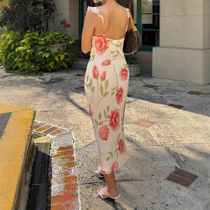 Damen Maxikleid mit floralem Design und Spaghetti-Trägern Drune