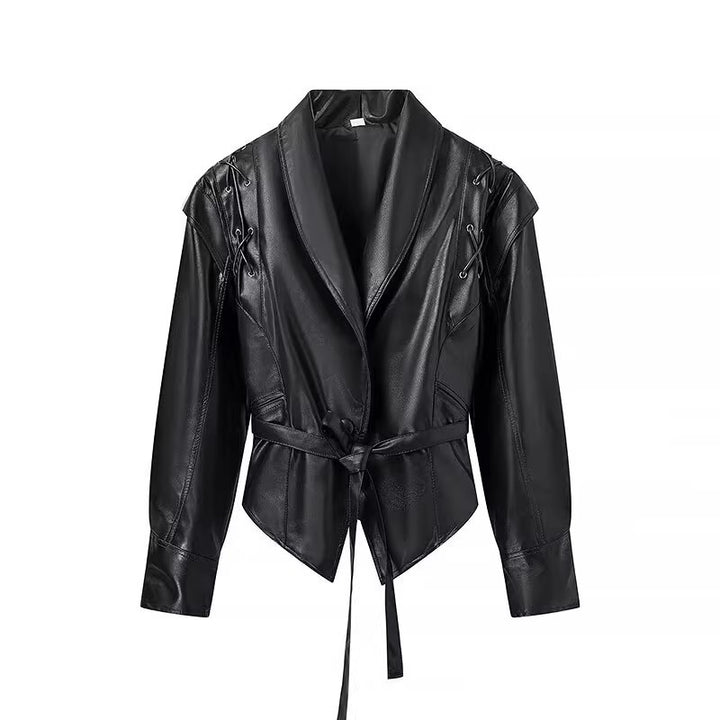 Damen Kunstlederjacke mit edlem Bindegürtel und raffinierten Schnürdetails Drune