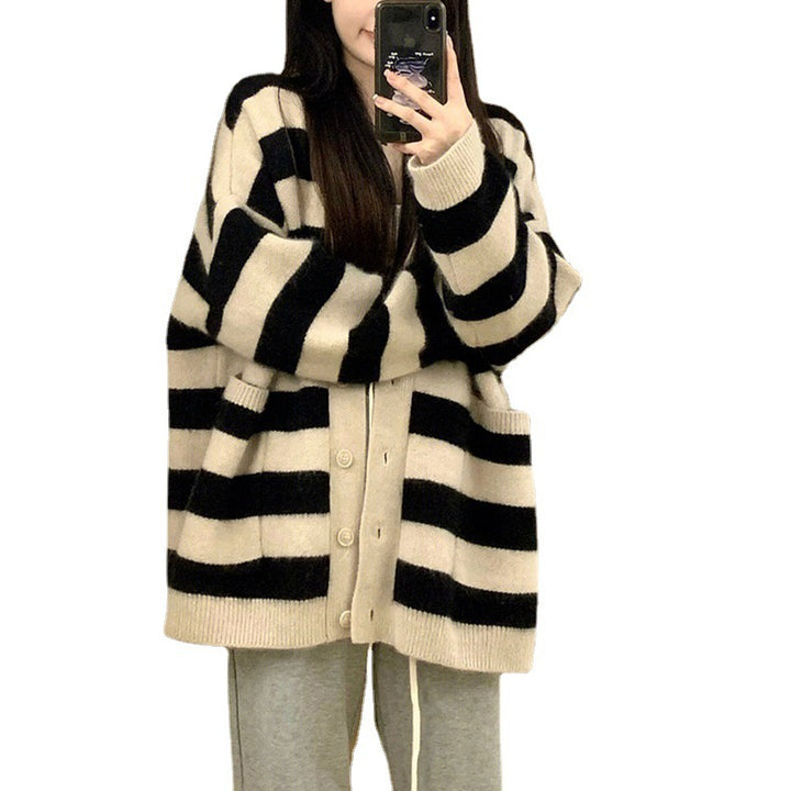 Damen Grobstrick-Cardigan mit Streifenmuster und praktischen Taschen Drune