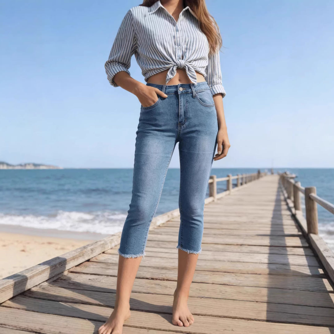 Damen lässige High-Waist Jeans mit fransigem Saum und angesagtem Schnitt Drune