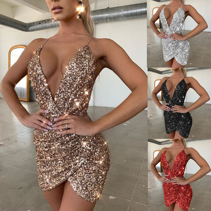Damen Glitzerndes Minikleid mit tiefem V-Ausschnitt und Wickeloptik Drune