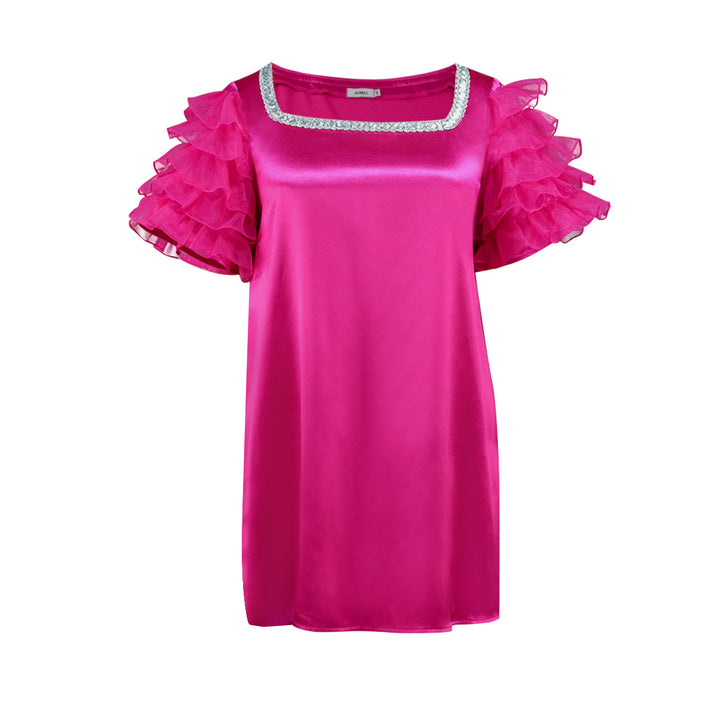 Damen festliches Minikleid mit voluminösen Rüschensäumen und glitzerndem Ausschnitt Drune